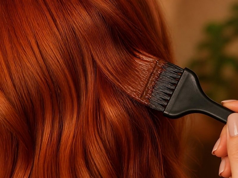 Coloração para cabelo ruivo sendo aplicada com pincel