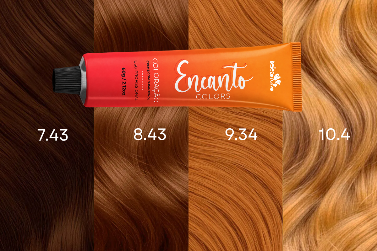 Ruivo dourado nas colorações 7.43, 8.43, 9.34 e 10.4 da Encanto Colors Beleza Ruiva